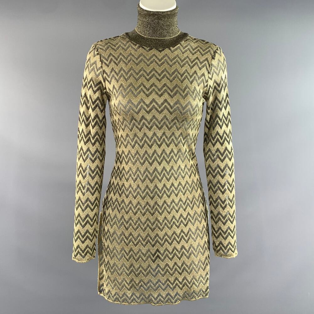 M MISSONI Gold Knit Turtleneck Cocktail Dress